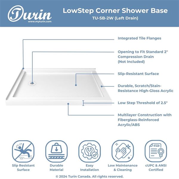 Turin LowStep 42 x 34 x 2.5-in Acrylic Corner Slip-Resistant Shower Base w/ Left Drain - White