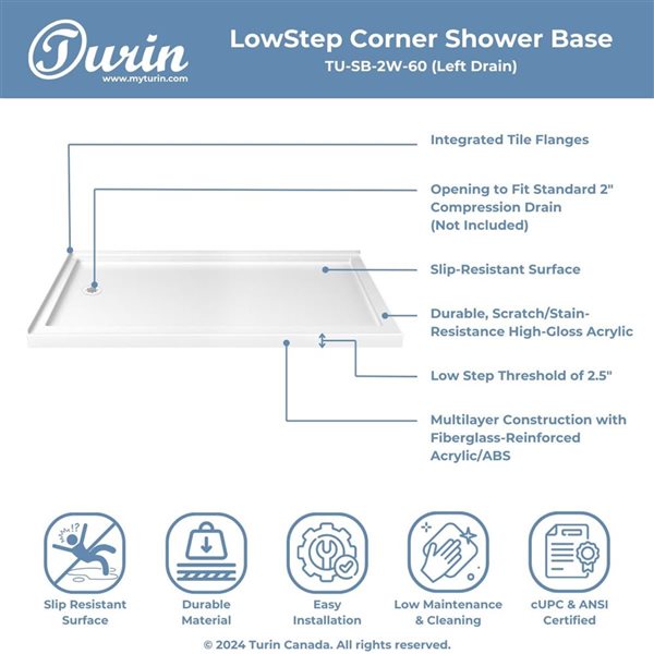 Turin LowStep 60 x 48 x 2.5-in Acrylic Corner Slip-Resistant Shower Base w/ Left Drain - White