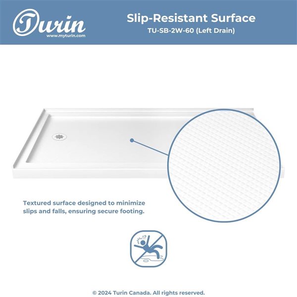 Turin LowStep 60 x 48 x 2.5-in Acrylic Corner Slip-Resistant Shower Base w/ Left Drain - White