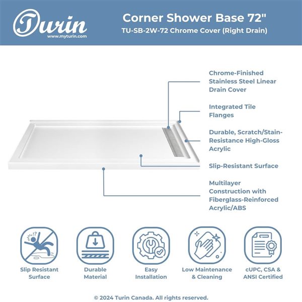 Turin LinearLux 72 x 40 x 3.5-in Acrylic Corner Slip-Resistant Shower Base w/ Right Drain + Chrome Cover - White