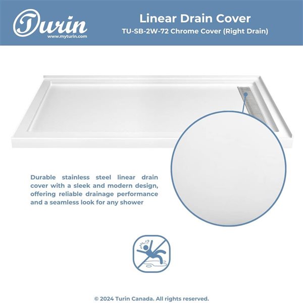 Turin LinearLux 72 x 40 x 3.5-in Acrylic Corner Slip-Resistant Shower Base w/ Right Drain + Chrome Cover - White