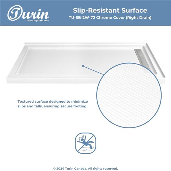 Turin LinearLux 72 x 40 x 3.5-in Acrylic Corner Slip-Resistant Shower Base w/ Right Drain + Chrome Cover - White