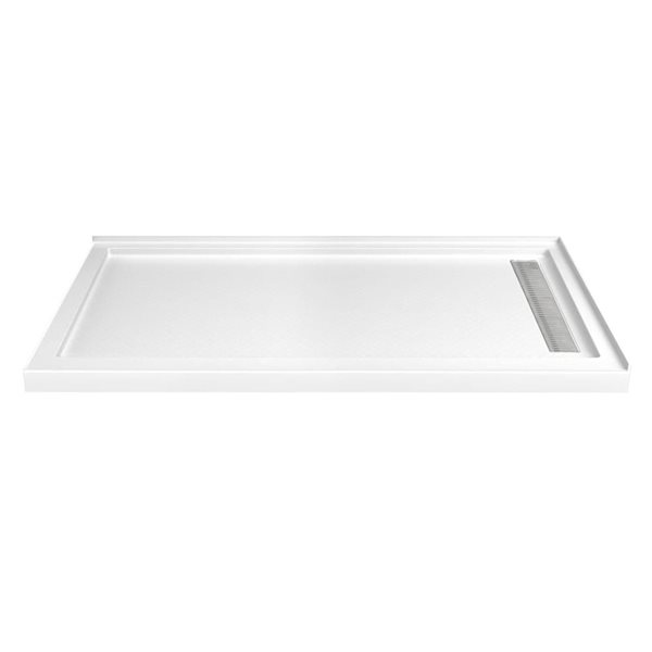 Turin LinearLux 72 x 40 x 3.5-in Acrylic Corner Slip-Resistant Shower Base w/ Right Drain + Chrome Cover - White