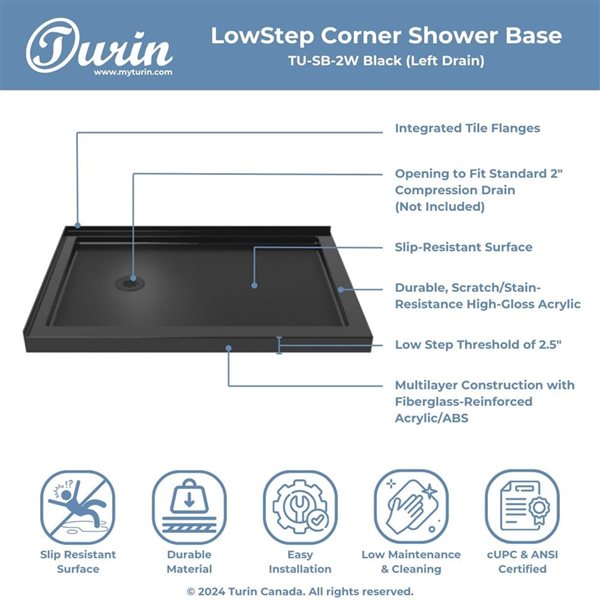 Turin LowStep 48 x 32 x 2.5-in Acrylic Corner Slip-Resistant Shower Base w/ Left Drain - Black
