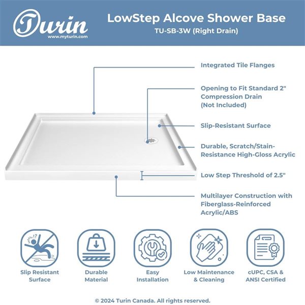 Turin LowStep 48x32x2.5-in Slip-Resistant Acrylic Alcove Shower Base w/ Right Drain - White