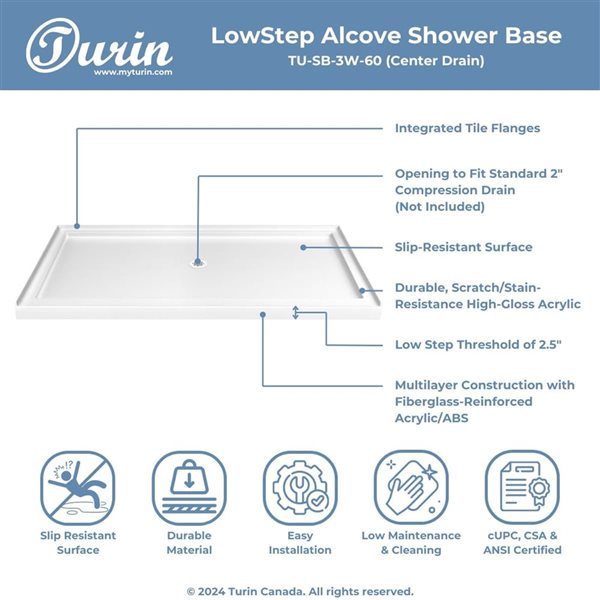 Turin LowStep 60x32x2.5-in Slip-Resistant Acrylic Alcove Shower Base w/ Centre Drain - White