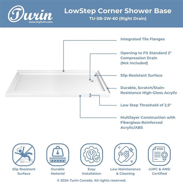 Turin LowStep 60 x 36 x 2.5-in Acrylic Corner Slip-Resistant Shower Base w/ Right Drain - White