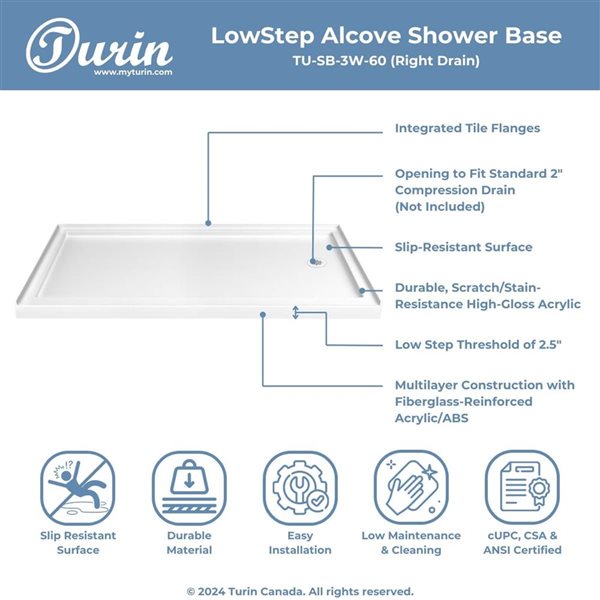 Turin LowStep 60x40x2.5-in Slip-Resistant Acrylic Alcove Shower Base w/ Right Drain - White
