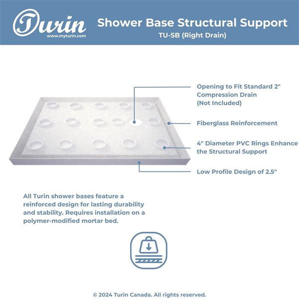 Turin LowStep 60x40x2.5-in Slip-Resistant Acrylic Alcove Shower Base w/ Right Drain - White