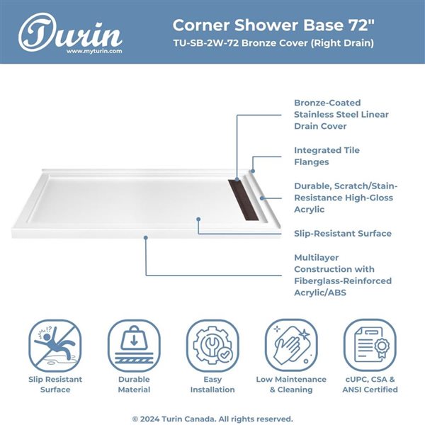 Turin LinearLux 72 x 35 x 3.5-in Acrylic Corner Slip-Resistant Shower Base w/ Right Drain + Bronze Cover - White