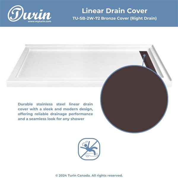 Turin LinearLux 72 x 35 x 3.5-in Acrylic Corner Slip-Resistant Shower Base w/ Right Drain + Bronze Cover - White