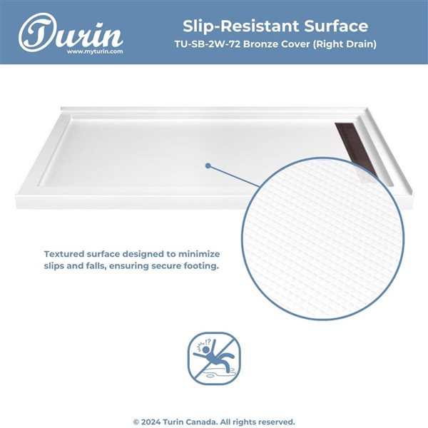 Turin LinearLux 72 x 35 x 3.5-in Acrylic Corner Slip-Resistant Shower Base w/ Right Drain + Bronze Cover - White