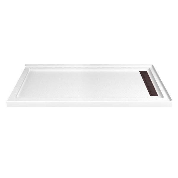 Turin LinearLux 72 x 35 x 3.5-in Acrylic Corner Slip-Resistant Shower Base w/ Right Drain + Bronze Cover - White