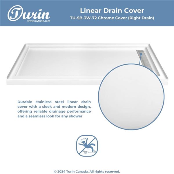 Turin LinearLux 72x48x3.5-in Slip-Resistant Acrylic Alcove Shower Base w/ Right Drain + Chrome Cover - White