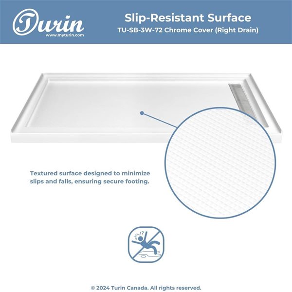 Turin LinearLux 72x48x3.5-in Slip-Resistant Acrylic Alcove Shower Base w/ Right Drain + Chrome Cover - White
