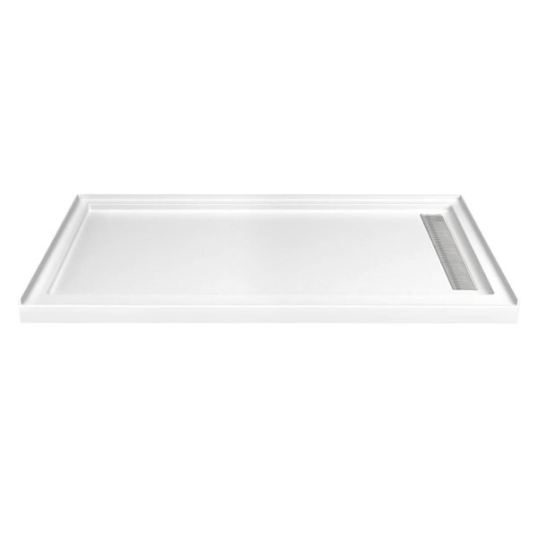 Turin LinearLux 72x48x3.5-in Slip-Resistant Acrylic Alcove Shower Base w/ Right Drain + Chrome Cover - White