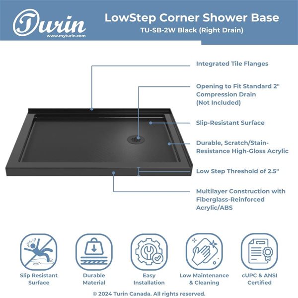 Turin LowStep 48 x 32 x 2.5-in Acrylic Corner Slip-Resistant Shower Base w/ Right Drain - Black