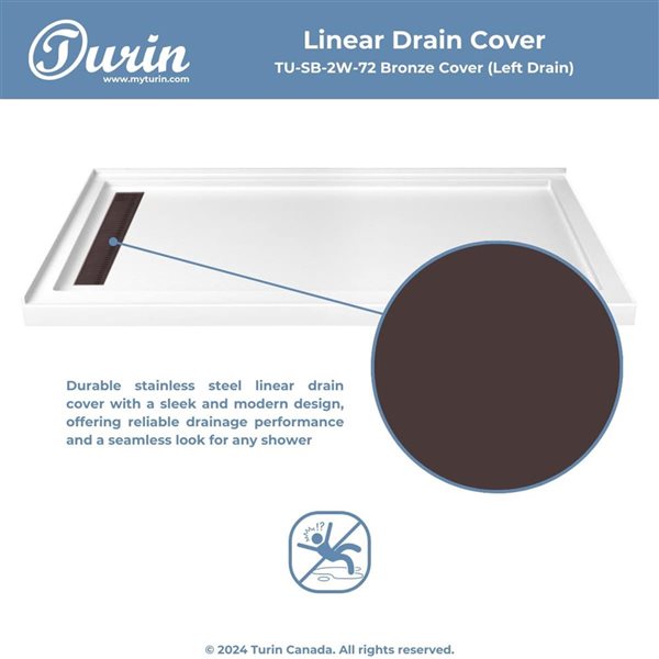 Turin LinearLux 72 x 40 x 3.5-in Acrylic Corner Slip-Resistant Shower Base w/ Left Drain and Bronze Cover - White