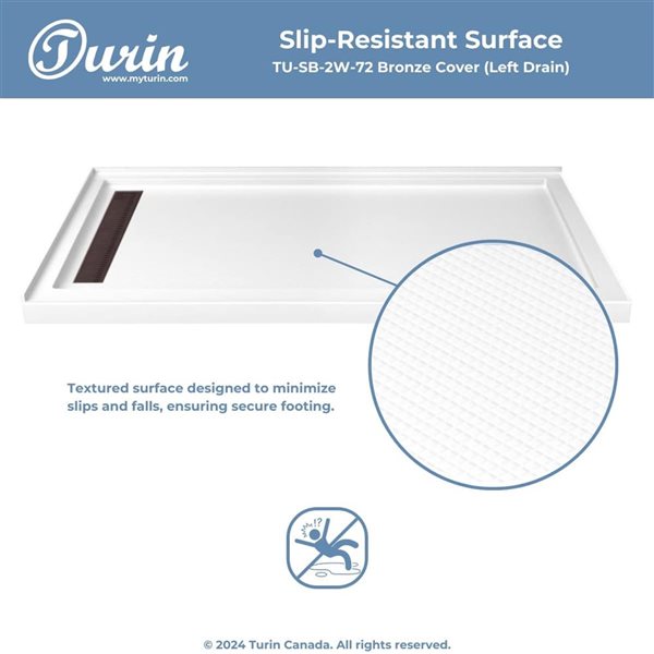 Turin LinearLux 72 x 40 x 3.5-in Acrylic Corner Slip-Resistant Shower Base w/ Left Drain and Bronze Cover - White