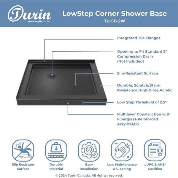 Turin LowStep 42 x 42 x 2.5-in Acrylic Corner Slip-Resistant Shower Base w/ Corner Drain - Black