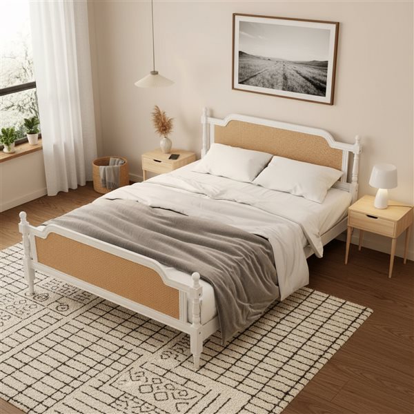Homy Casa King Size Natural Rattan Platform Bed Frame w/ Solid Wood - Antique White