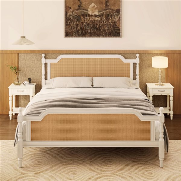 Homy Casa King Size Natural Rattan Platform Bed Frame w/ Solid Wood - Antique White
