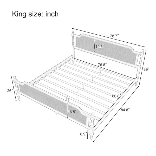 Homy Casa King Size Natural Rattan Platform Bed Frame w/ Solid Wood - Antique White