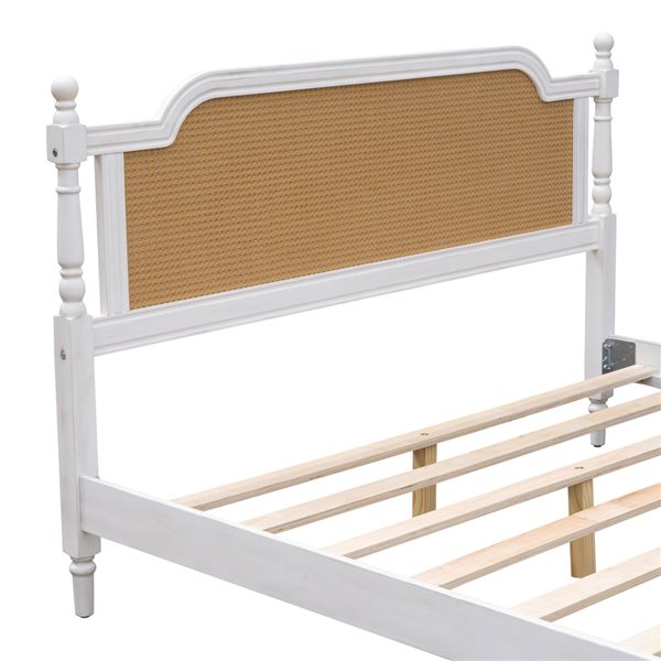Homy Casa King Size Natural Rattan Platform Bed Frame w/ Solid Wood - Antique White