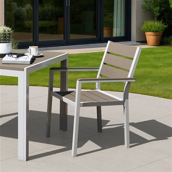 CorLiving Gallant Set of 2 Silver Aluminum and Taupe Poly-Wood Stackable Patio Dining Chairs