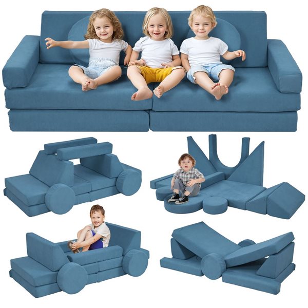 Qaba Kids' 12 Pcs Modular Play Couch for Fort Building - Blue