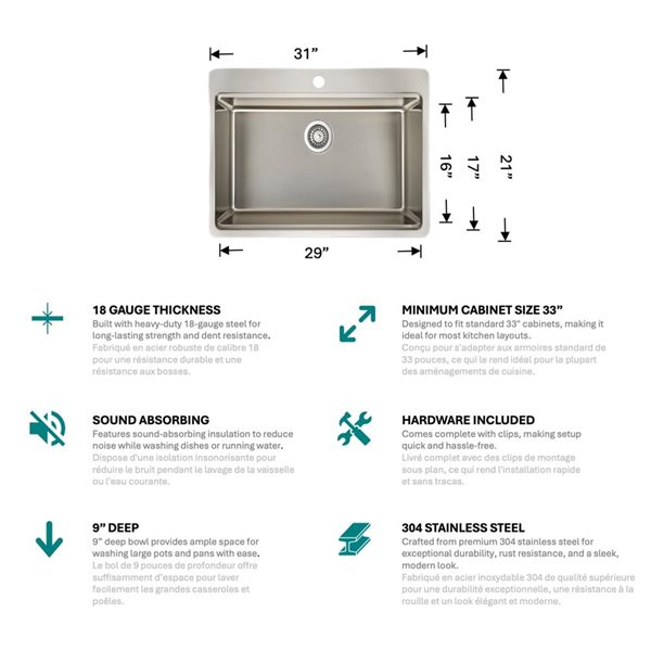 Unique Home Supplies 31-in Stainless Steel Undermount Single Bowl Workstation Kitchen Sink w/ Accessories