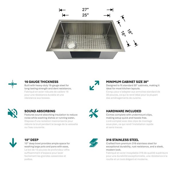 Unique Home Supplies 27-in Stainless Steel Undermount Single Bowl Workstation Kitchen Sink w/ Accessories