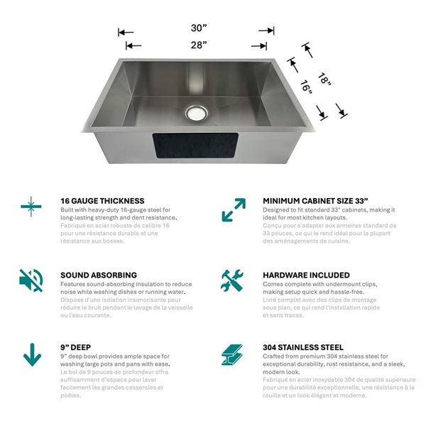 Unique Home Supplies 30-in Stainless Steel Undermount Single Bowl Kitchen Sink w/ Accessories