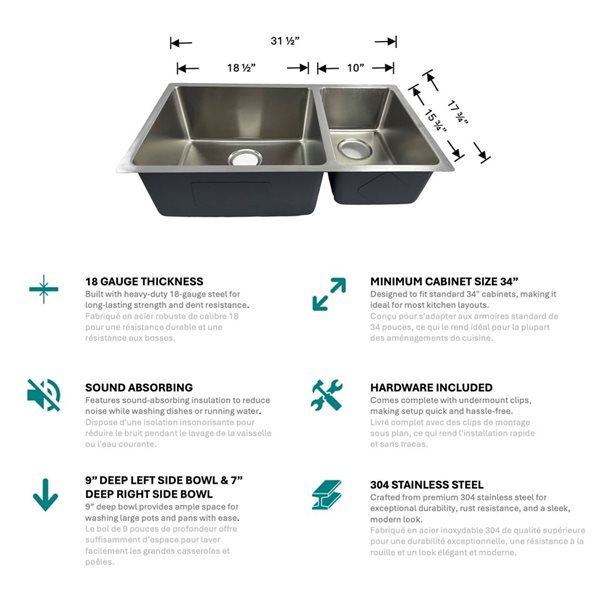 Unique Home Supplies 31-in Stainless Steel Undermount Kitchen Sink w/ 60/40 Split Double Bowl