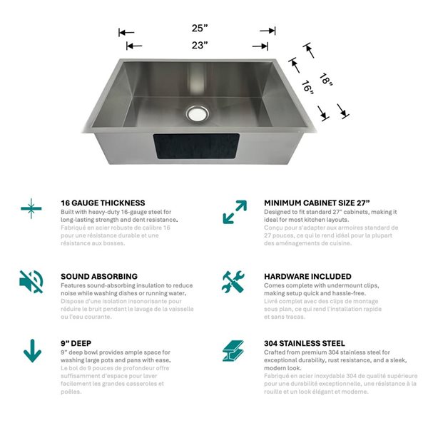 Unique Home Supplies 25-in Stainless Steel Undermount Single Bowl Kitchen Sink w/ Zero Radius Corner