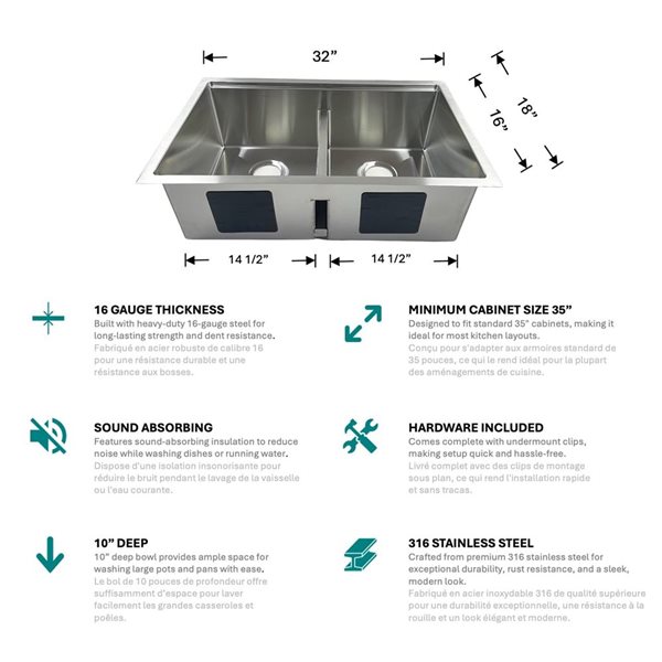 Unique Home Supplies 32-in Stainless Steel Undermount Double Bowl Workstation Kitchen Sink w/ Accessories