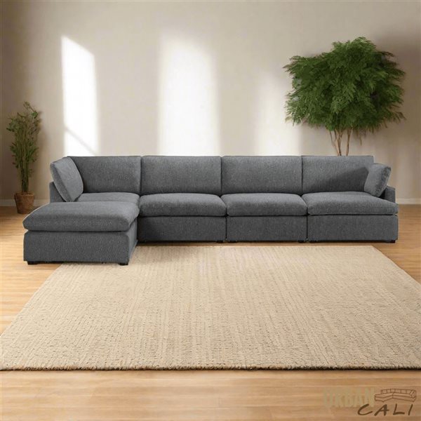 Urban Cali Long Beach 162-in W Grey Polyester Blend Fabric Modular L-Shaped Sectional Sofa w/ Ottoman - Left