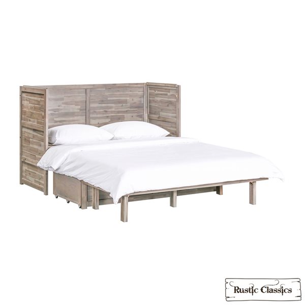 Rustic Classics Stow Queen Size Murphy Bed Cabinet w/ Gel Memory Foam Mattress - Stonewash