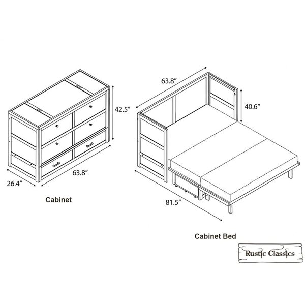 Rustic Classics Stow Queen Size Murphy Bed Cabinet w/ Gel Memory Foam Mattress - Stonewash