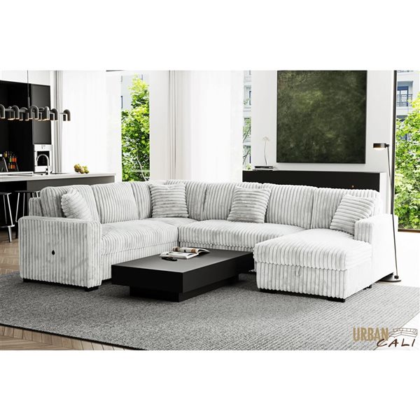 Urban Cali Atherton 123.25-in W Light Grey Plush Corduroy Large Sleeper Sectional w/ Right Storage Chaise