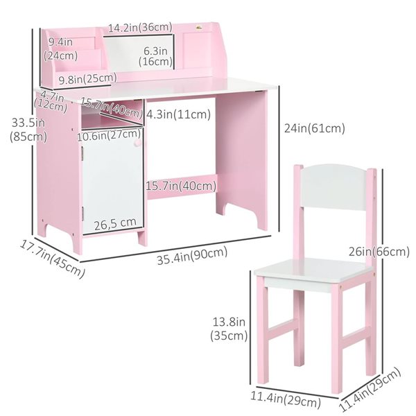 Qaba Pink Kids Desk and Chair Set with Whiteboard