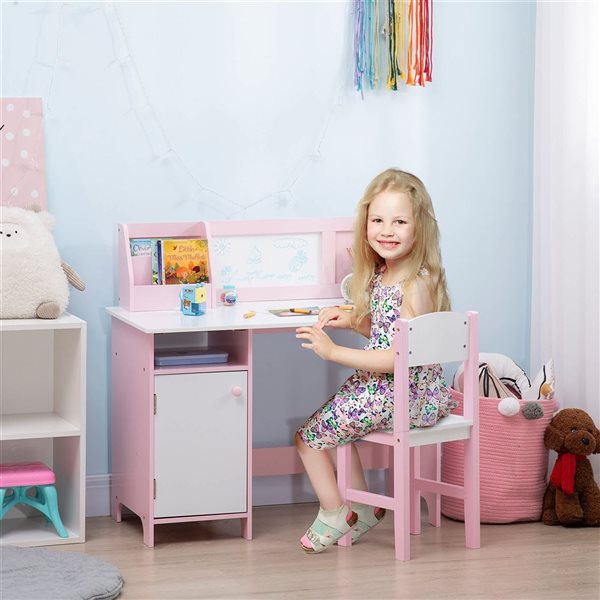 Qaba Pink Kids Desk and Chair Set with Whiteboard