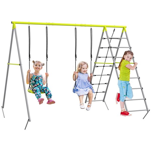 Outsunny 4 in 1 Metal Swing Set with Double Swings, Climber, Climbing Net, Heavy Duty Swing Set