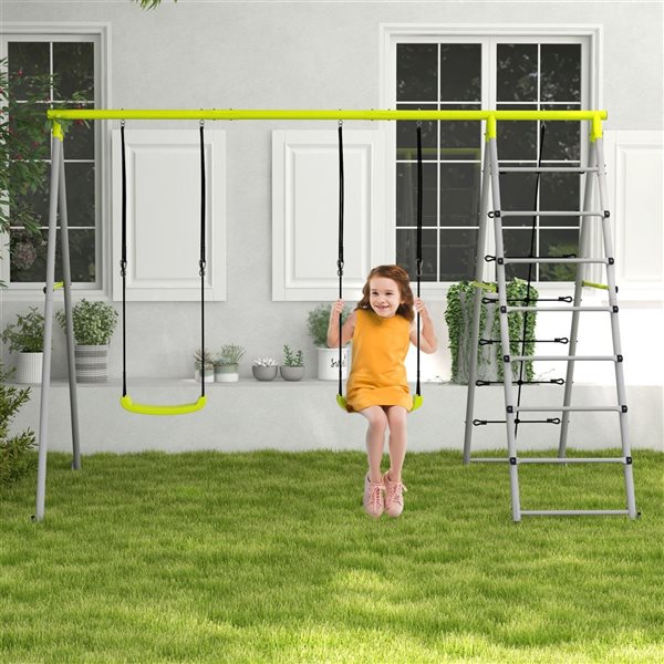 Outsunny 4 in 1 Metal Swing Set with Double Swings, Climber, Climbing Net, Heavy Duty Swing Set