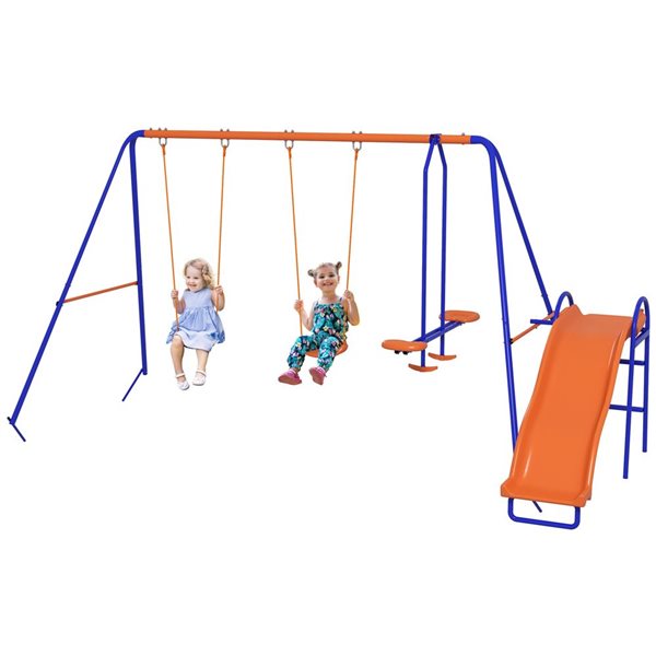 Outsunny 4 in 1 Metal Swing Set with Double Swings, Glider, Slide, Ladder