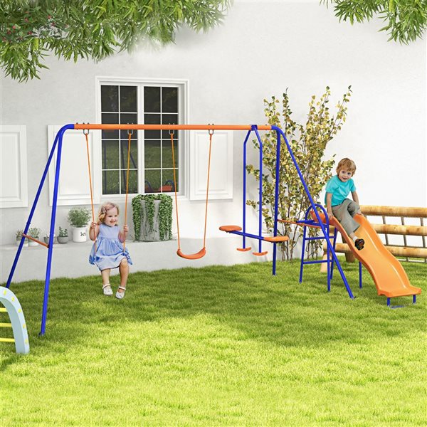 Outsunny 4 in 1 Metal Swing Set with Double Swings, Glider, Slide, Ladder