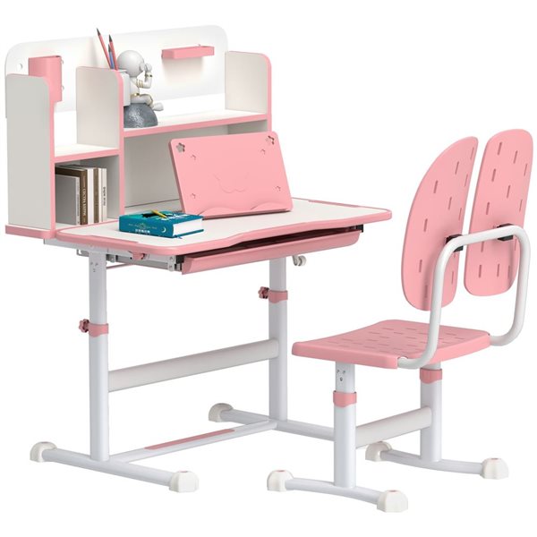 Qaba Pink Adjustable Height Kids Desk and Chair Set with Tilt Desktop ...