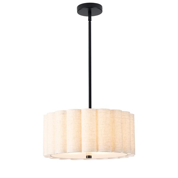 Dainolite Pacifica 16-in dia Matte Black Metal 3-Light Transitional Pendant Light w/ Flax Shade