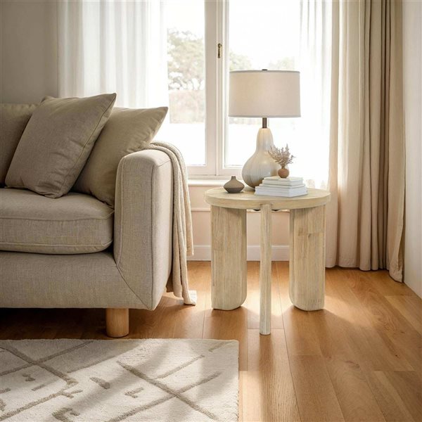 LH Home Haru 19.7-in Round Sand Washed Wood Side Table - Brown