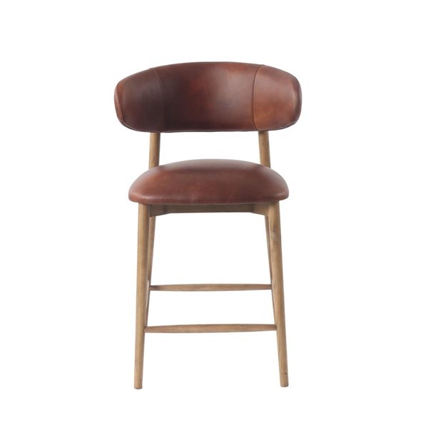 LH Home Milo Modern Brown Genuine Leather Back/Seat Counter Stool - Natural Wood Frame